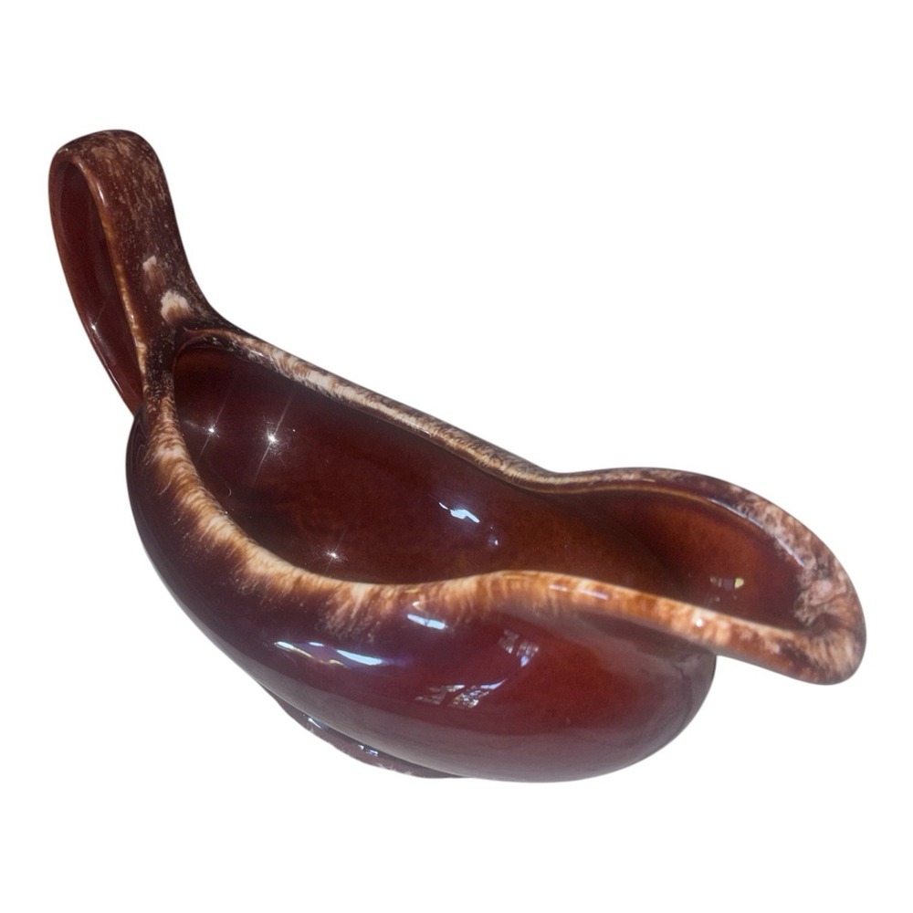 Hull Pottery Co Gravy Boat Brown Drip Glaze Stoneware Ohio 1960s